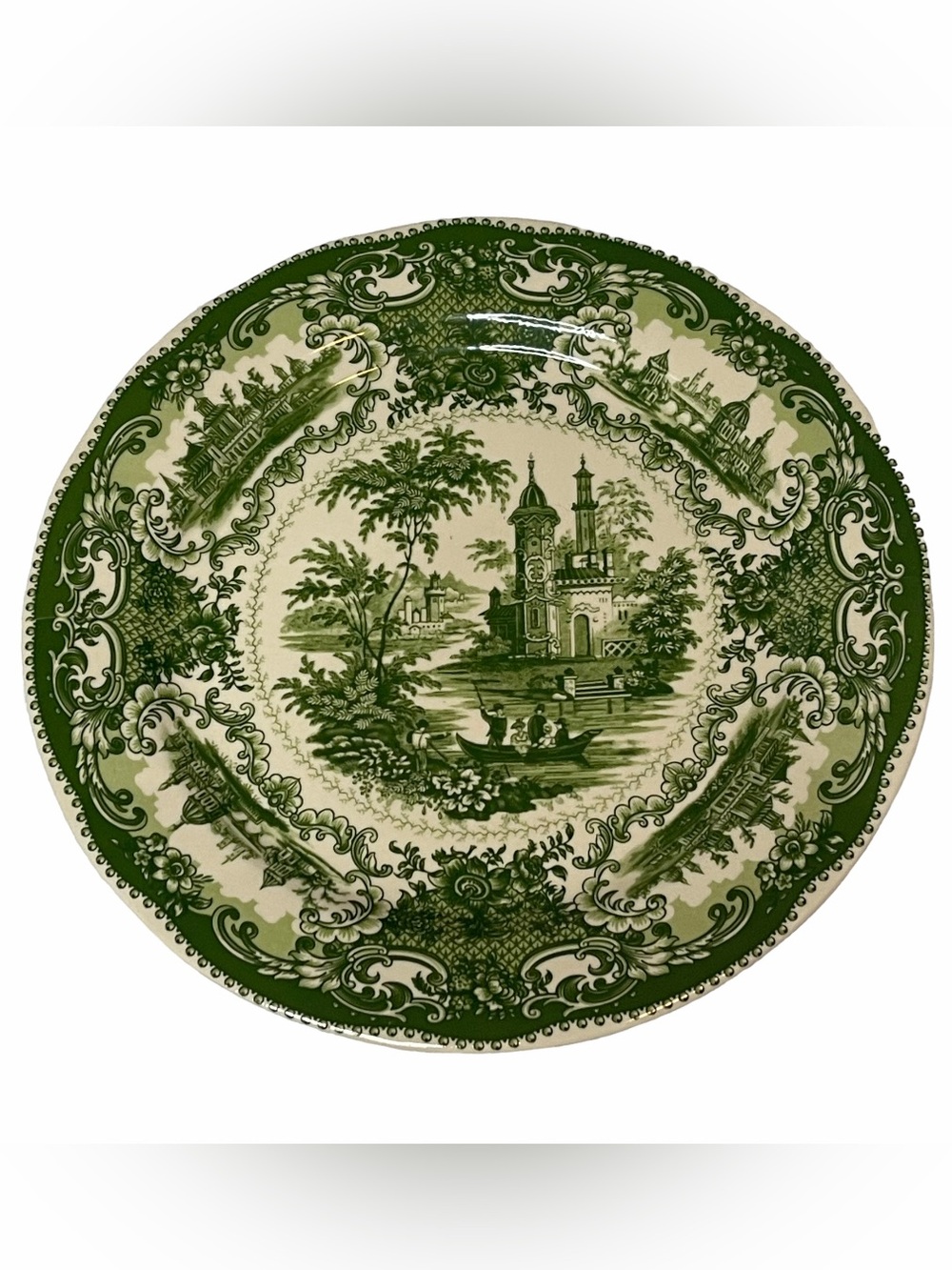 Vintage Green Transferware Scenic Dinner Plate Cottage Lake Scene Floral Border